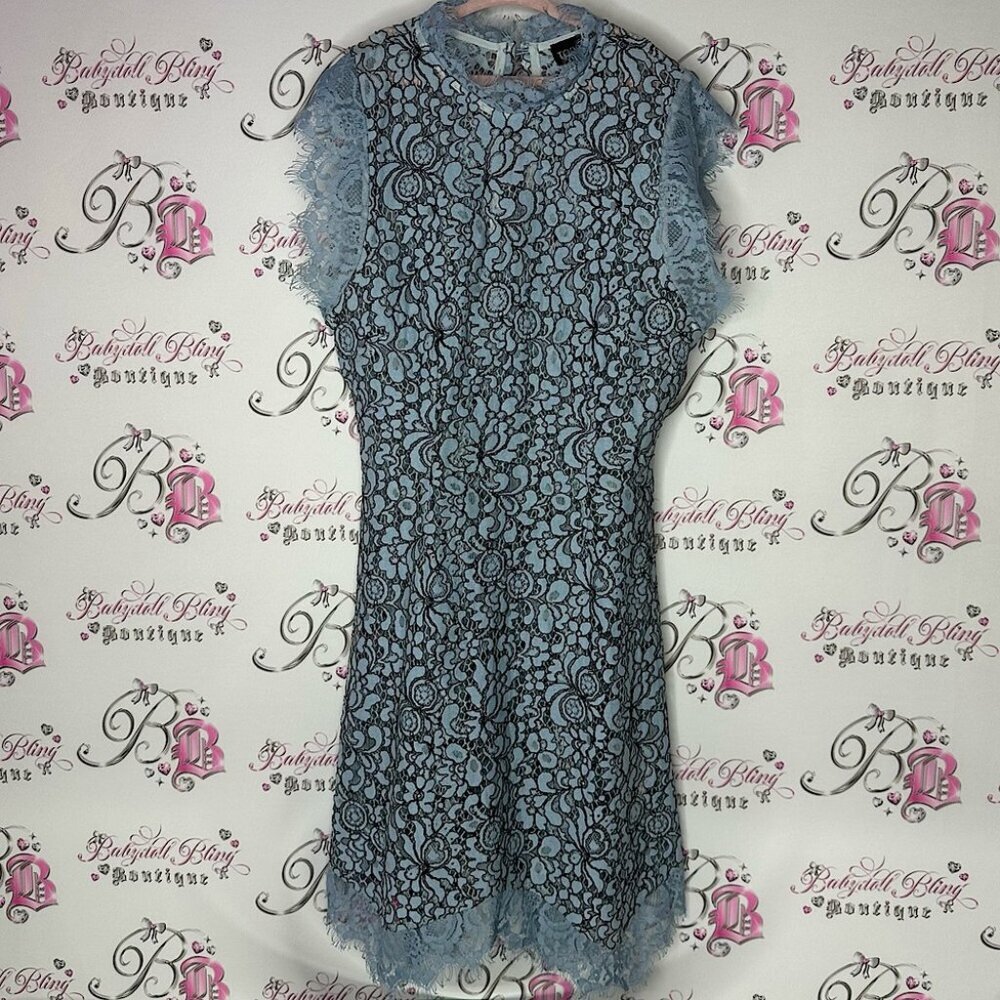 Topshop dress lace blue black mock neck floral flowers formal summer classic